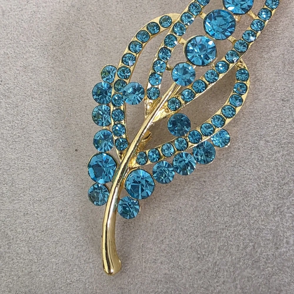 Gold with Turquoise Blue Rhinestone Leaf Brooch Pin